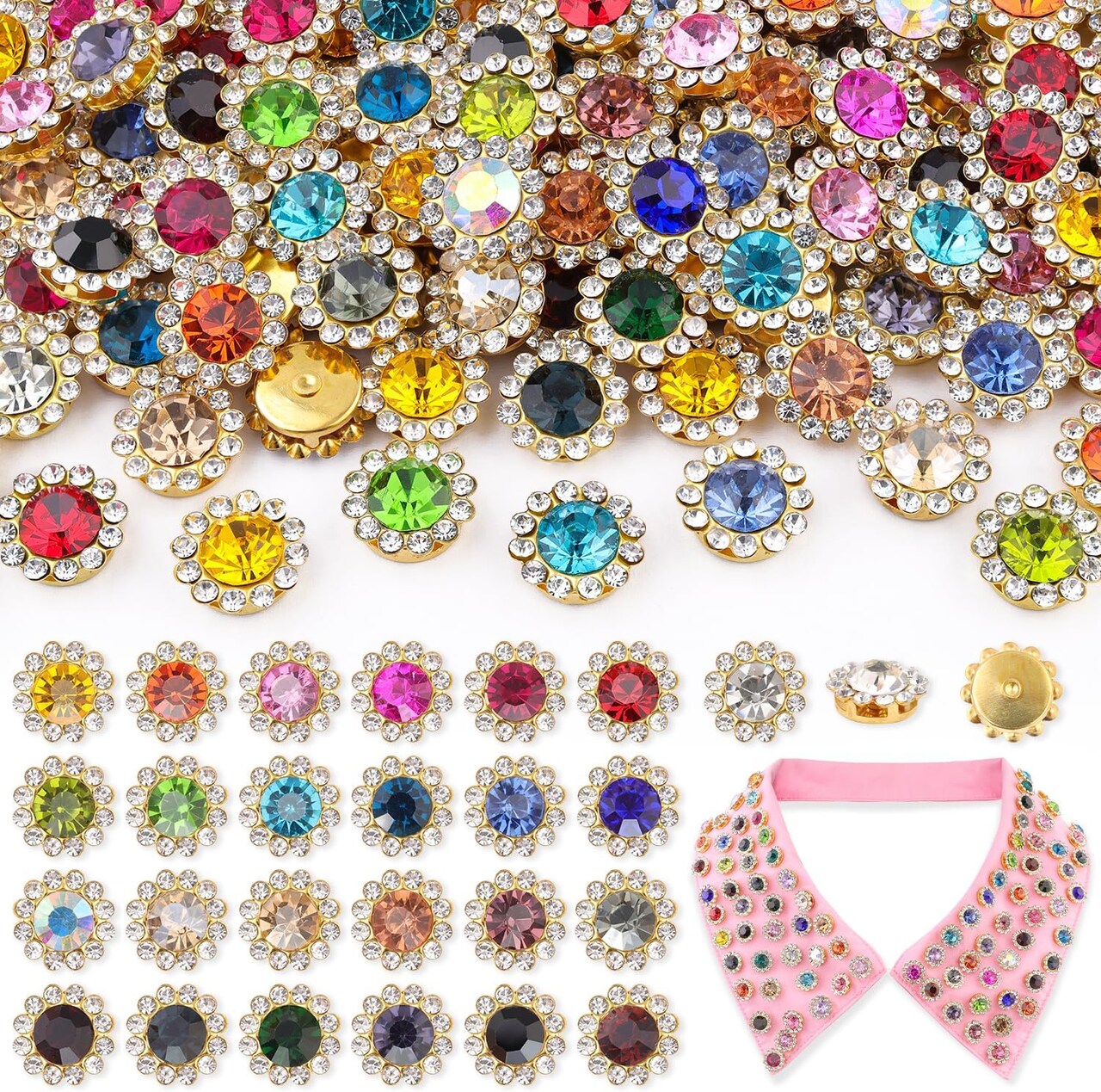 150PCS 12mm Sew-On Rhinestones – 25 Mixed Colors Crystal Glass Flatback Gems with Metal Base for DIY Crafts, Clothing, Thanksgiving & Christmas Decorations
